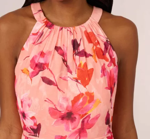 Adrianna Papell Floral Chiffon Halter Dress With Tiered Skirt In Apricot Multi APRICOTMULTI Cheap