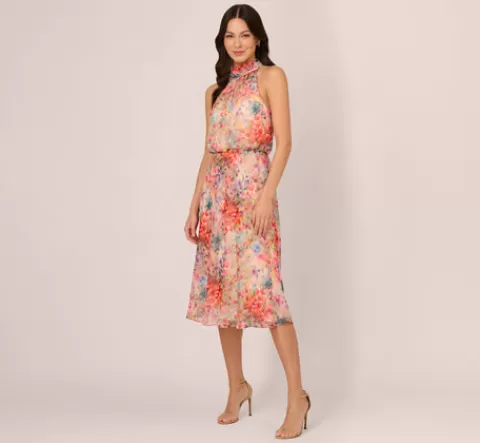 Adrianna Papell Floral Chiffon Halter Midi Dress With Blouson Bodice In Red Multi REDMULTI Cheap
