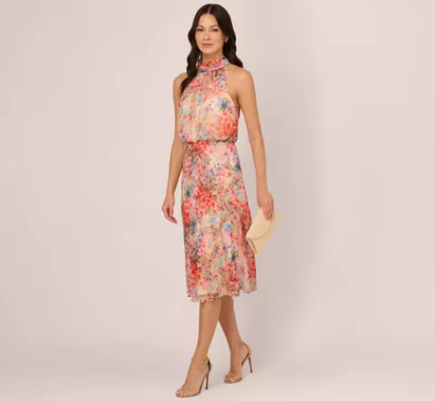 Adrianna Papell Floral Chiffon Halter Midi Dress With Blouson Bodice In Red Multi REDMULTI Cheap