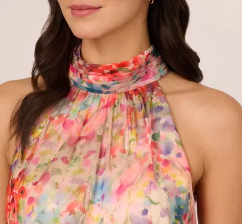 Adrianna Papell Floral Chiffon Halter Midi Dress With Blouson Bodice In Red Multi REDMULTI Cheap