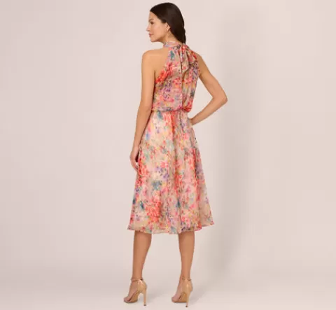 Adrianna Papell Floral Chiffon Halter Midi Dress With Blouson Bodice In Red Multi REDMULTI Cheap