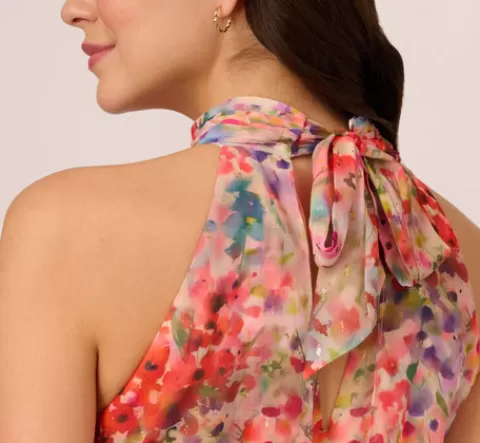 Adrianna Papell Floral Chiffon Halter Midi Dress With Blouson Bodice In Red Multi REDMULTI Cheap