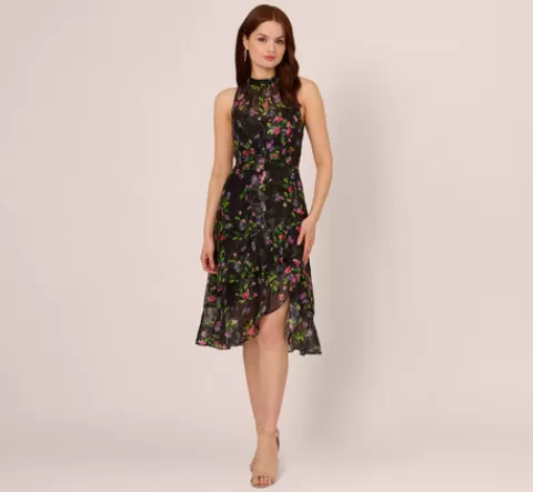 Adrianna Papell Floral Chiffon Halter Midi Dress With Flounce Hem In Black Multi BLACKMULTI Cheap