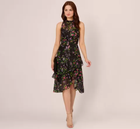 Adrianna Papell Floral Chiffon Halter Midi Dress With Flounce Hem In Black Multi BLACKMULTI Cheap