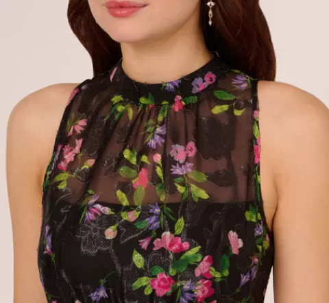 Adrianna Papell Floral Chiffon Halter Midi Dress With Flounce Hem In Black Multi BLACKMULTI Cheap