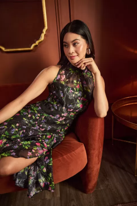 Adrianna Papell Floral Chiffon Halter Midi Dress With Flounce Hem In Black Multi BLACKMULTI Cheap