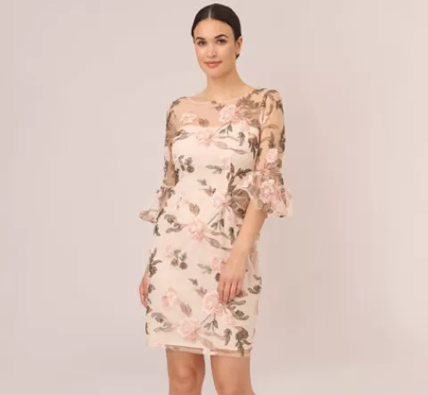 Adrianna Papell Floral Embroidered Bell Sleeve Sheath Dress In Blush Multi BLUSHMULTI Discount