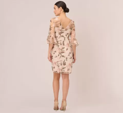 Adrianna Papell Floral Embroidered Bell Sleeve Sheath Dress In Blush Multi BLUSHMULTI Discount