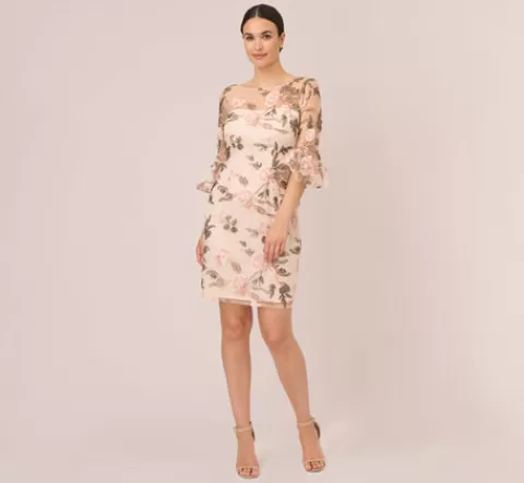 Adrianna Papell Floral Embroidered Bell Sleeve Sheath Dress In Blush Multi BLUSHMULTI Discount
