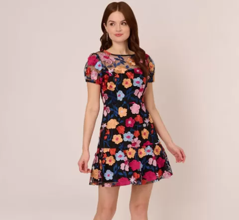 Adrianna Papell Floral Embroidered Flounce Dress With Sheer Short Sleeves In Black Multi BLACKMULTI Fashion