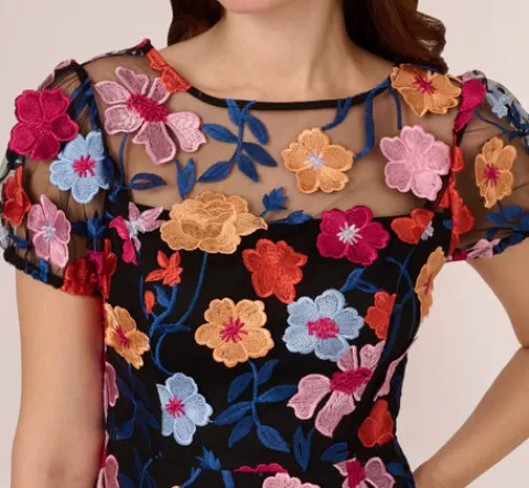Adrianna Papell Floral Embroidered Flounce Dress With Sheer Short Sleeves In Black Multi BLACKMULTI Fashion