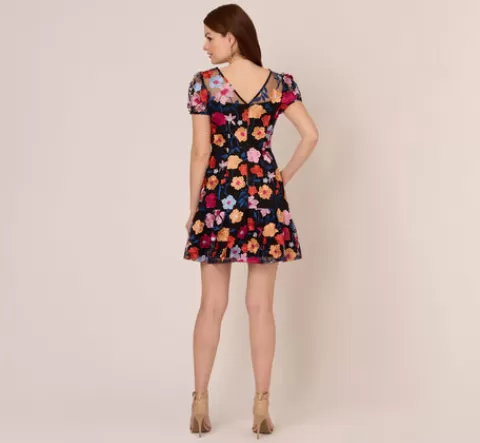 Adrianna Papell Floral Embroidered Flounce Dress With Sheer Short Sleeves In Black Multi BLACKMULTI Fashion