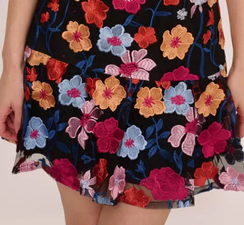 Adrianna Papell Floral Embroidered Flounce Dress With Sheer Short Sleeves In Black Multi BLACKMULTI Fashion