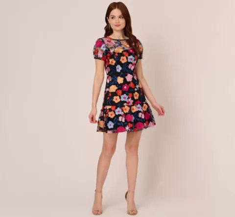 Adrianna Papell Floral Embroidered Flounce Dress With Sheer Short Sleeves In Black Multi BLACKMULTI Fashion