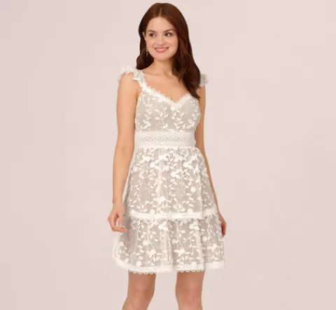 Adrianna Papell Floral Embroidered Lace Dress With Ruffle Trim In Ivory Nude IVORY-NUDE Cheap