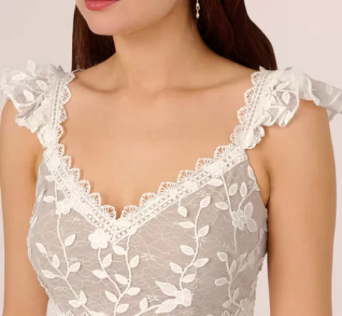 Adrianna Papell Floral Embroidered Lace Dress With Ruffle Trim In Ivory Nude IVORY-NUDE Cheap