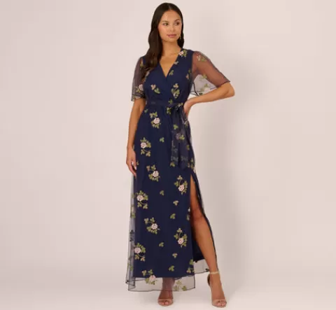 Adrianna Papell Floral Embroidered Maxi Dress With Sheer Flutter Sleeves In Navy Multi NAVYMULTI Cheap