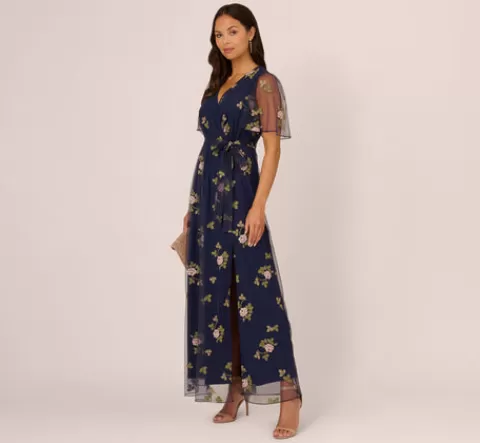 Adrianna Papell Floral Embroidered Maxi Dress With Sheer Flutter Sleeves In Navy Multi NAVYMULTI Cheap