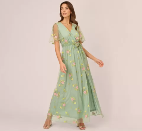 Adrianna Papell Floral Embroidered Maxi Dress With Sheer Flutter Sleeves In Sage Multi SAGEMULTI Sale