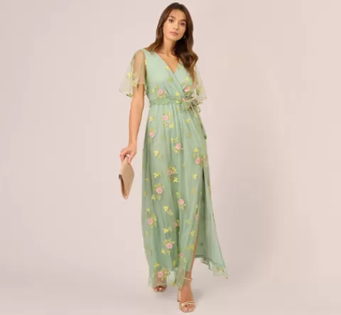Adrianna Papell Floral Embroidered Maxi Dress With Sheer Flutter Sleeves In Sage Multi SAGEMULTI Sale