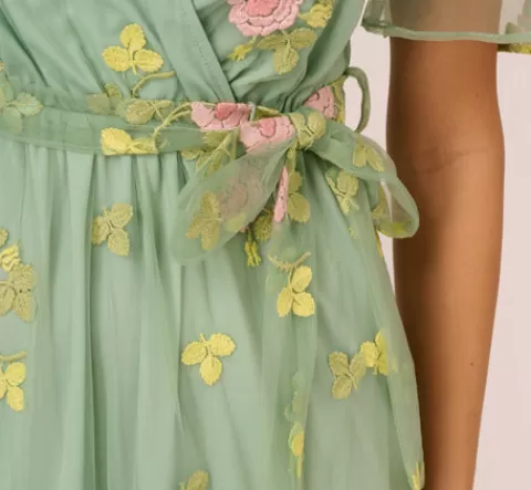 Adrianna Papell Floral Embroidered Maxi Dress With Sheer Flutter Sleeves In Sage Multi SAGEMULTI Sale
