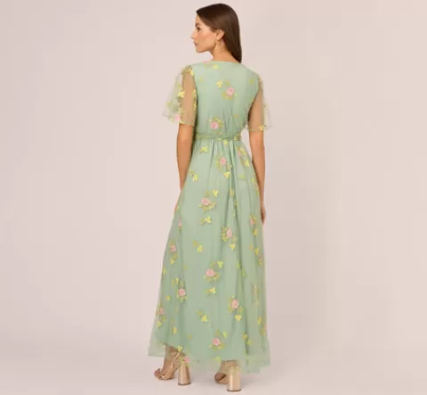 Adrianna Papell Floral Embroidered Maxi Dress With Sheer Flutter Sleeves In Sage Multi SAGEMULTI Sale