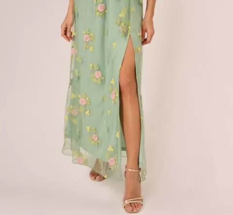 Adrianna Papell Floral Embroidered Maxi Dress With Sheer Flutter Sleeves In Sage Multi SAGEMULTI Sale
