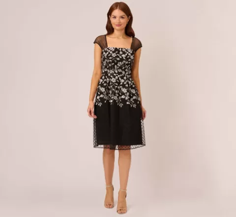 Adrianna Papell Floral Embroidered Midi Dress With Sheer Cap Sleeves In Black Ivory BLACK-IVORY Store