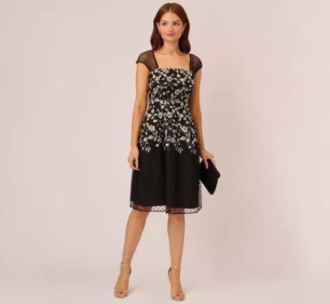 Adrianna Papell Floral Embroidered Midi Dress With Sheer Cap Sleeves In Black Ivory BLACK-IVORY Store