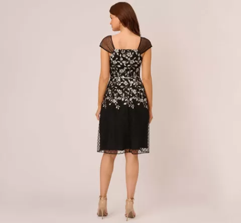 Adrianna Papell Floral Embroidered Midi Dress With Sheer Cap Sleeves In Black Ivory BLACK-IVORY Store