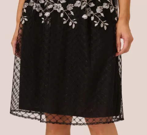 Adrianna Papell Floral Embroidered Midi Dress With Sheer Cap Sleeves In Black Ivory BLACK-IVORY Store