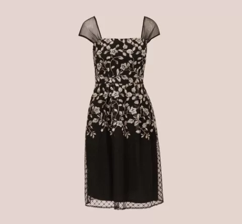 Adrianna Papell Floral Embroidered Midi Dress With Sheer Cap Sleeves In Black Ivory BLACK-IVORY Store