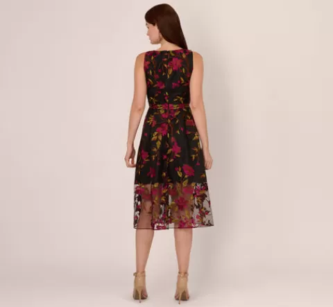 Adrianna Papell Floral Embroidered Midi Dress With Sheer Hem In Pink Black PINK-BLACK Online