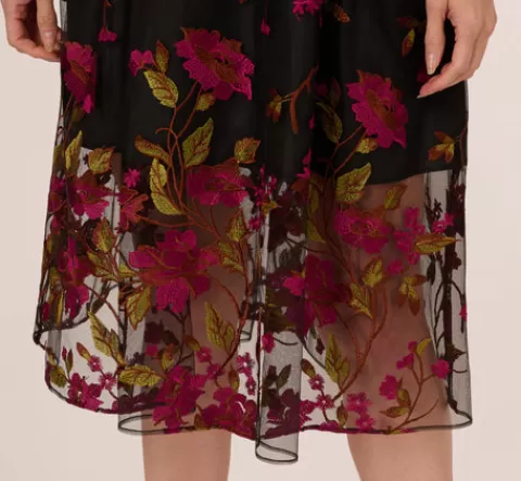 Adrianna Papell Floral Embroidered Midi Dress With Sheer Hem In Pink Black PINK-BLACK Online