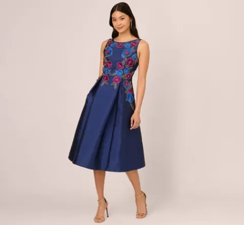 Adrianna Papell Floral Embroidered Mikado Midi Dress With Beaded Details In Light Navy LIGHTNAVY Best