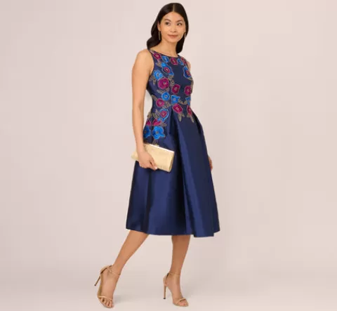 Adrianna Papell Floral Embroidered Mikado Midi Dress With Beaded Details In Light Navy LIGHTNAVY Best