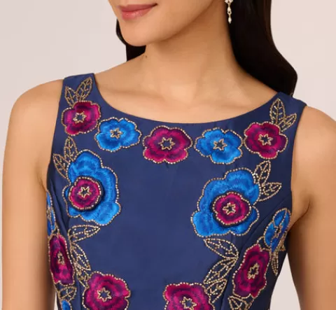 Adrianna Papell Floral Embroidered Mikado Midi Dress With Beaded Details In Light Navy LIGHTNAVY Best
