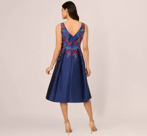 Adrianna Papell Floral Embroidered Mikado Midi Dress With Beaded Details In Light Navy LIGHTNAVY Best
