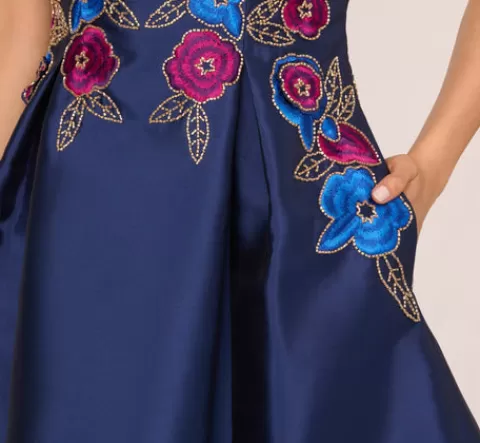 Adrianna Papell Floral Embroidered Mikado Midi Dress With Beaded Details In Light Navy LIGHTNAVY Best