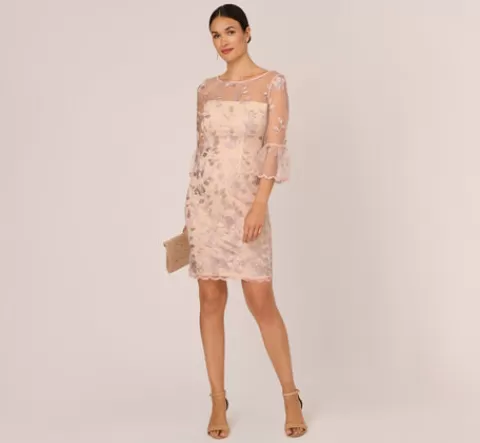 Adrianna Papell Floral Embroidered Sheath Dress With Scalloped Detail In Champagne Multi CHAMPAGNEMULTI Best