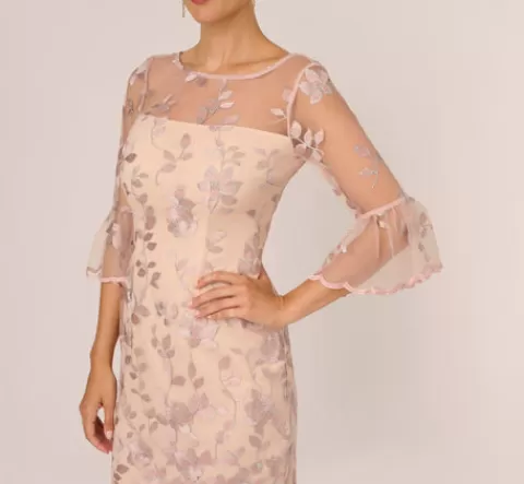 Adrianna Papell Floral Embroidered Sheath Dress With Scalloped Detail In Champagne Multi CHAMPAGNEMULTI Best