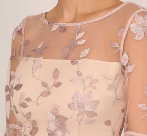 Adrianna Papell Floral Embroidered Sheath Dress With Scalloped Detail In Champagne Multi CHAMPAGNEMULTI Best