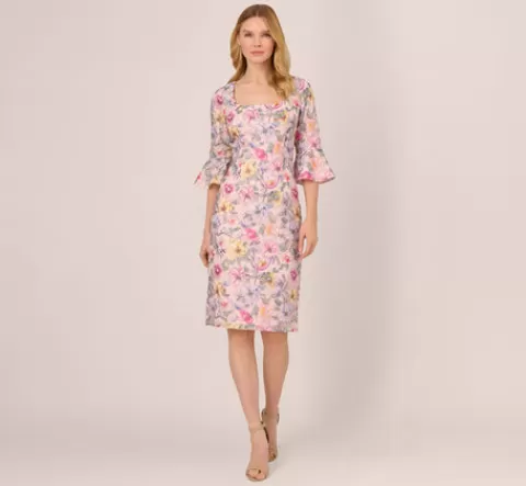 Adrianna Papell Floral Embroidered Sheath Dress With Three Quarter Bell Sleeves In Blush Multi BLUSHMULTI Cheap
