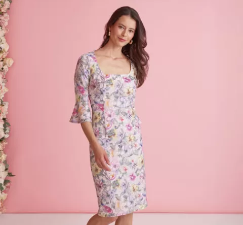 Adrianna Papell Floral Embroidered Sheath Dress With Three Quarter Bell Sleeves In Blush Multi BLUSHMULTI Cheap