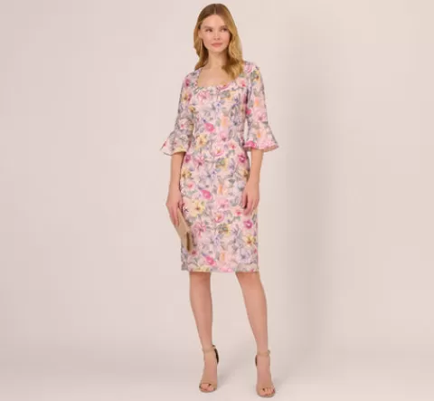 Adrianna Papell Floral Embroidered Sheath Dress With Three Quarter Bell Sleeves In Blush Multi BLUSHMULTI Cheap