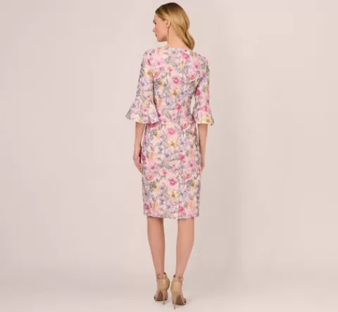 Adrianna Papell Floral Embroidered Sheath Dress With Three Quarter Bell Sleeves In Blush Multi BLUSHMULTI Cheap