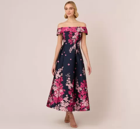 Adrianna Papell Floral Jacquard Ankle Length Dress With Off The Shoulder Neckline In Navy Pink Multi NAVY-PINKMULTI Shop