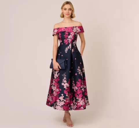Adrianna Papell Floral Jacquard Ankle Length Dress With Off The Shoulder Neckline In Navy Pink Multi NAVY-PINKMULTI Shop
