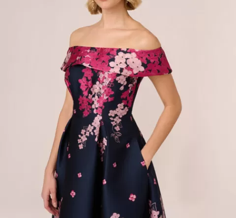 Adrianna Papell Floral Jacquard Ankle Length Dress With Off The Shoulder Neckline In Navy Pink Multi NAVY-PINKMULTI Shop