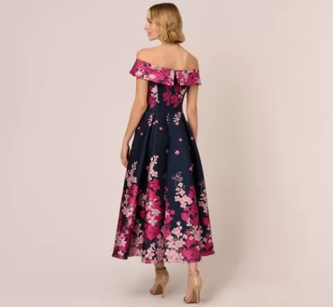 Adrianna Papell Floral Jacquard Ankle Length Dress With Off The Shoulder Neckline In Navy Pink Multi NAVY-PINKMULTI Shop